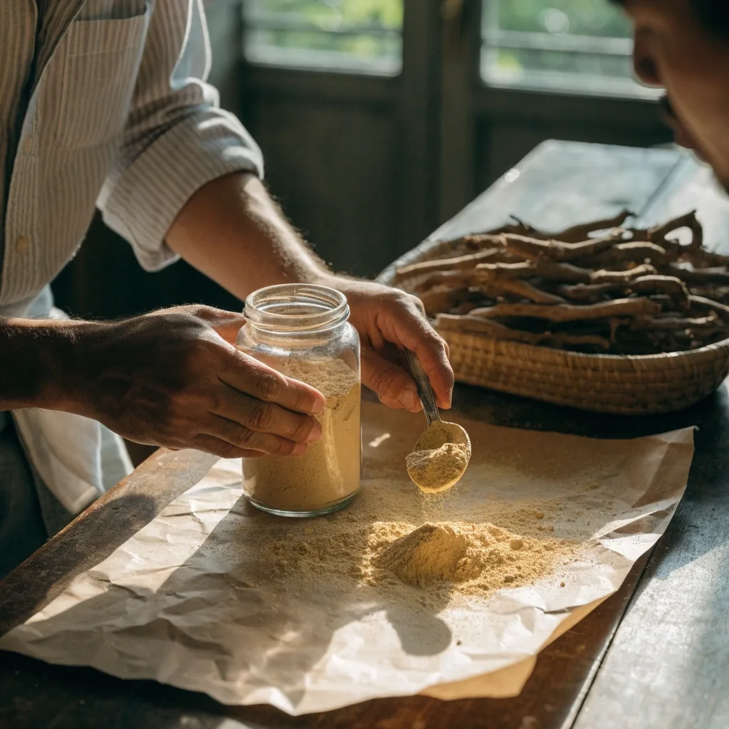 A small heap of pale maca powder on brown paper beside an open glass jar