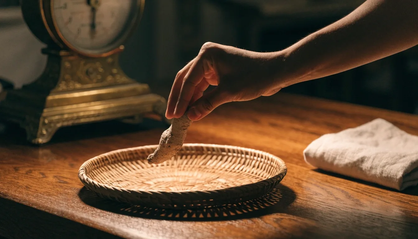 A working hand beside a blank paper slip, brass scale and dried root sticks on a dark oak bench