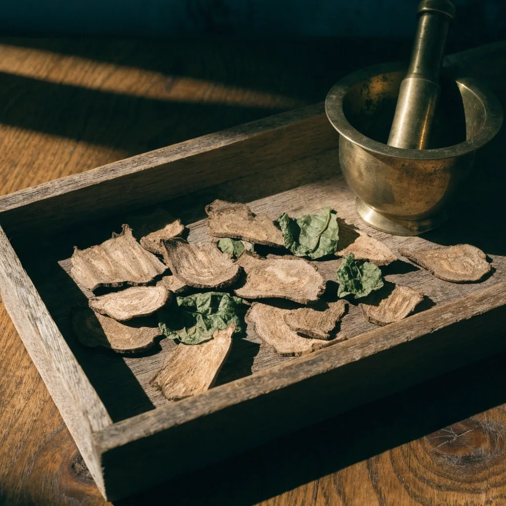 Dried green botanical leaves beside a small brass mortar on dark oak