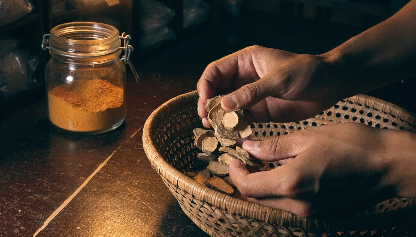 Jars of dried roots and botanical powder on a warmly lit shelf at an Indonesian herb trader at night