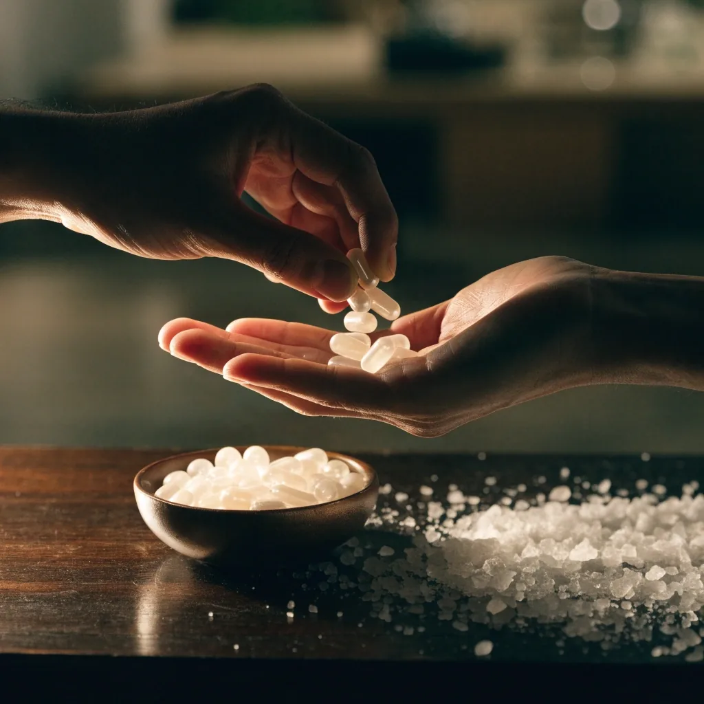 Plain pale capsules in a ceramic dish beside mineral salt crystals on a dark bench