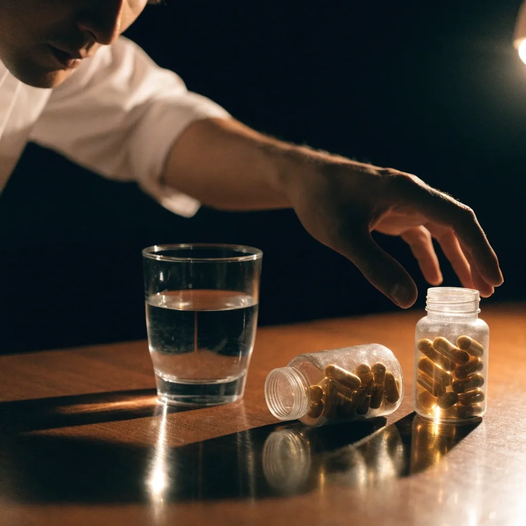 Two plain amber supplement bottles beside a glass of water on a night desk under warm lamp light