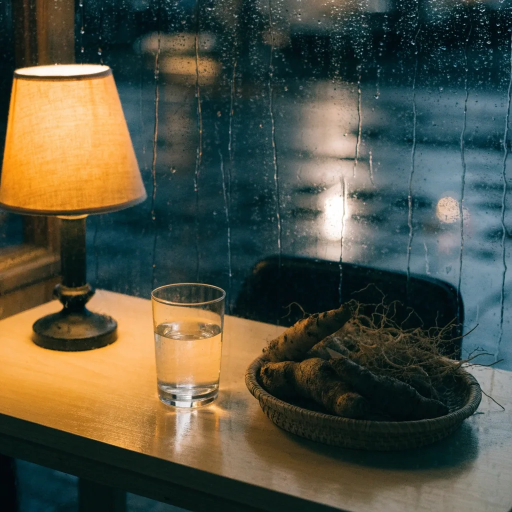 Rain-wet street and lamp light near the Nutrisi Pria editorial office in Palembang at night