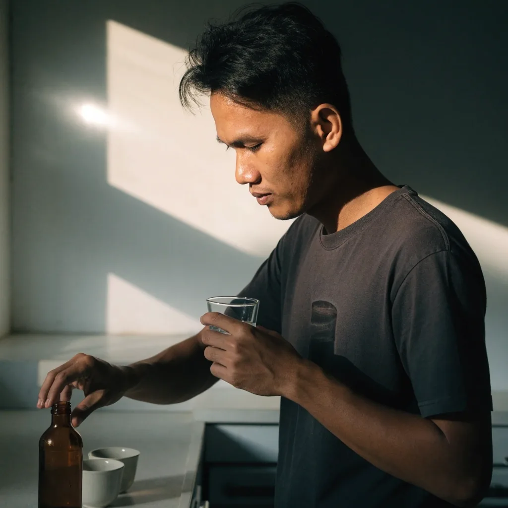 A man at a kitchen counter in the morning holding a glass of water beside an unlabeled supplement bottle