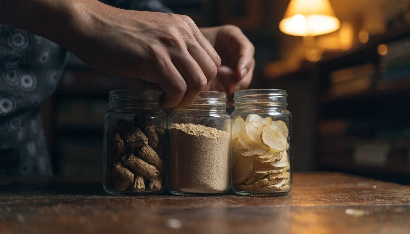Three open dishes of dried botanicals arranged side by side on a dark oak bench for comparison