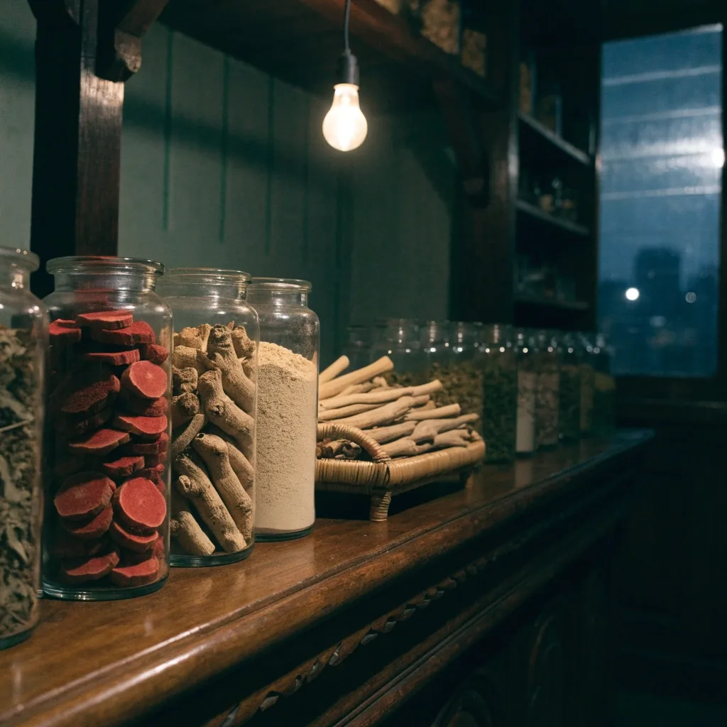 Glass jars of dried botanicals on a wooden shelf under warm night light