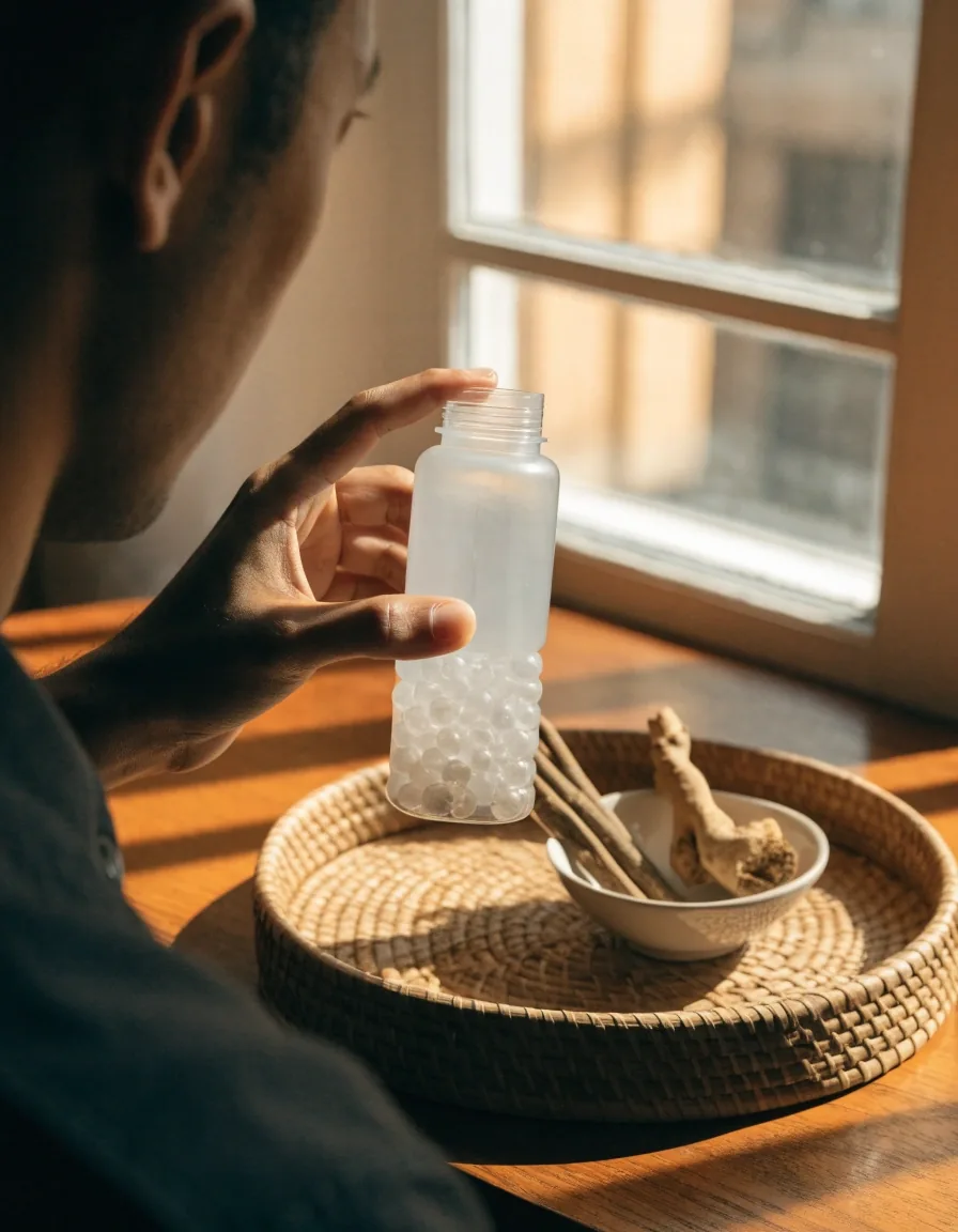 Hand holding a plain unlabelled bottle up to a warm lamp in a dark room