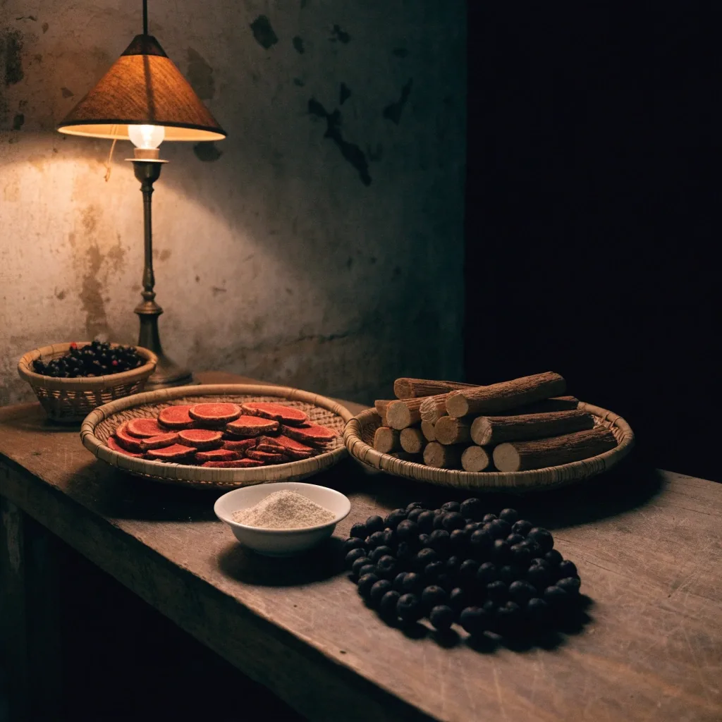 Three glass dishes holding root sticks, berries and powder on dark oak