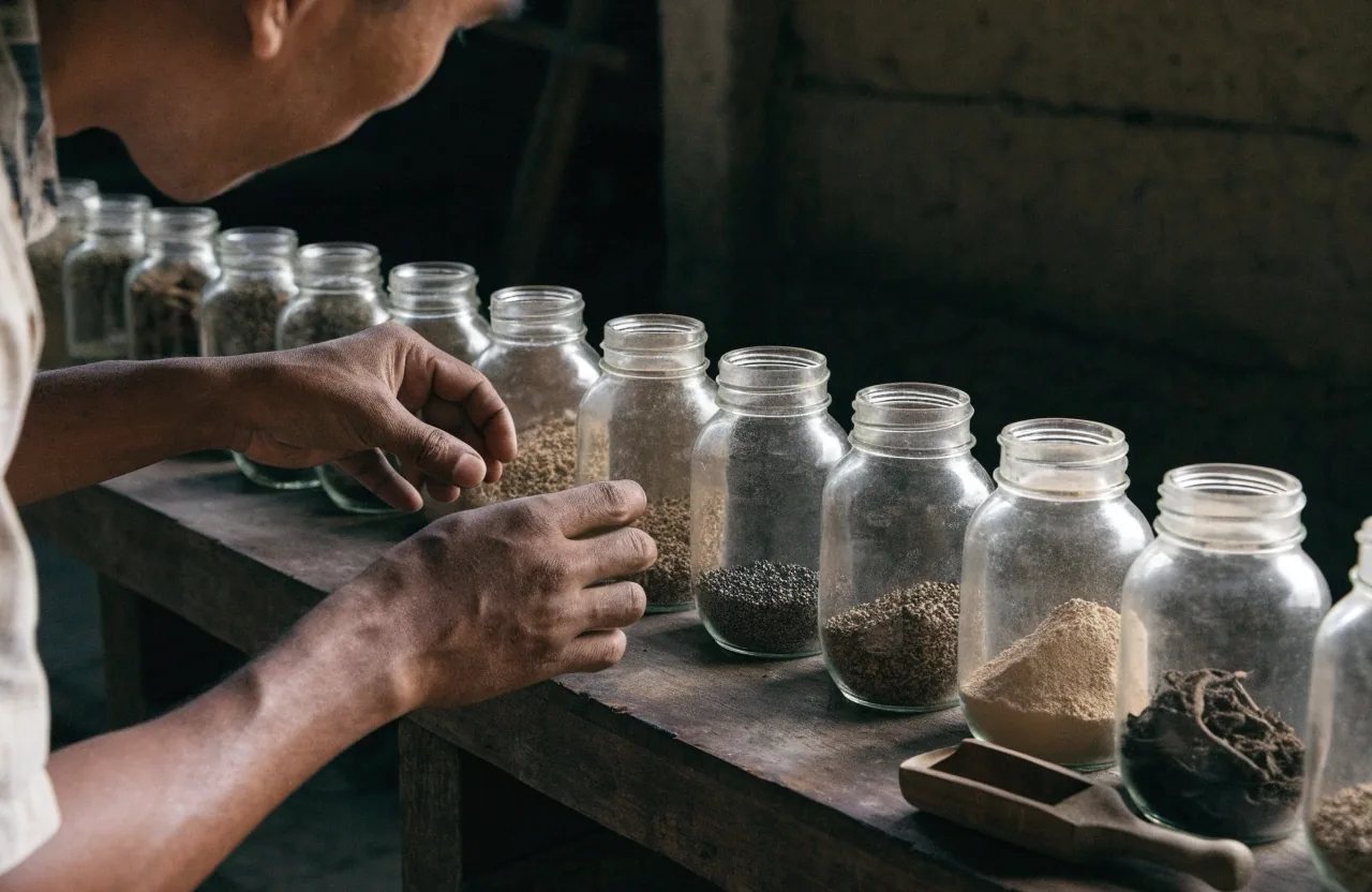 A row of glass jars holding different dried plant materials on a dark bench with a wooden scoop