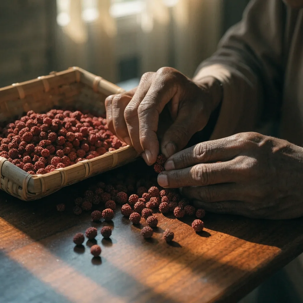Dried tree berries for saw palmetto scattered on a dark oak surface