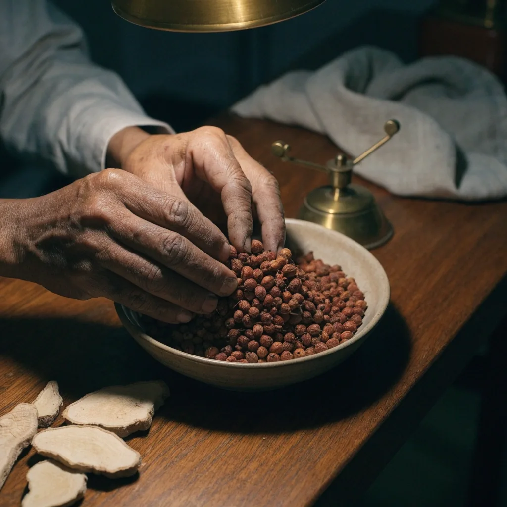 Dried saw palmetto berries and pale ginseng root slices in an unmarked dish on a dark oak bench