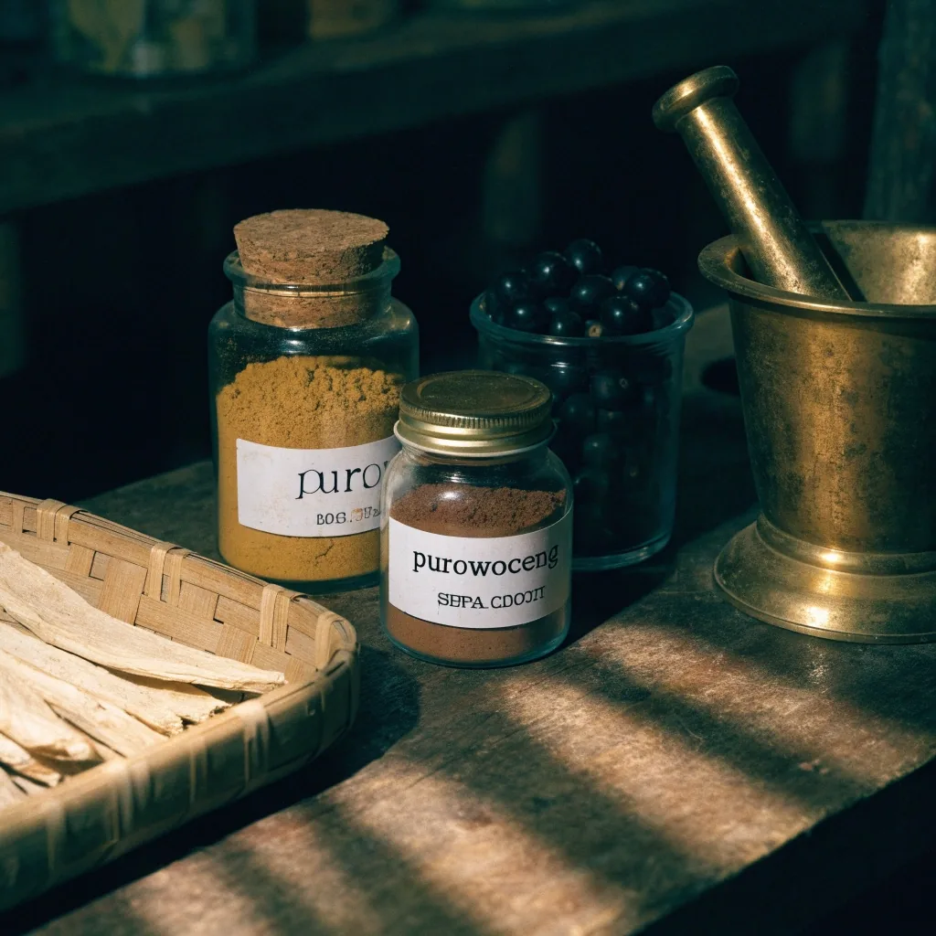 Jars of dried roots and berries on a dark herbal trader's shelf with one lid set aside