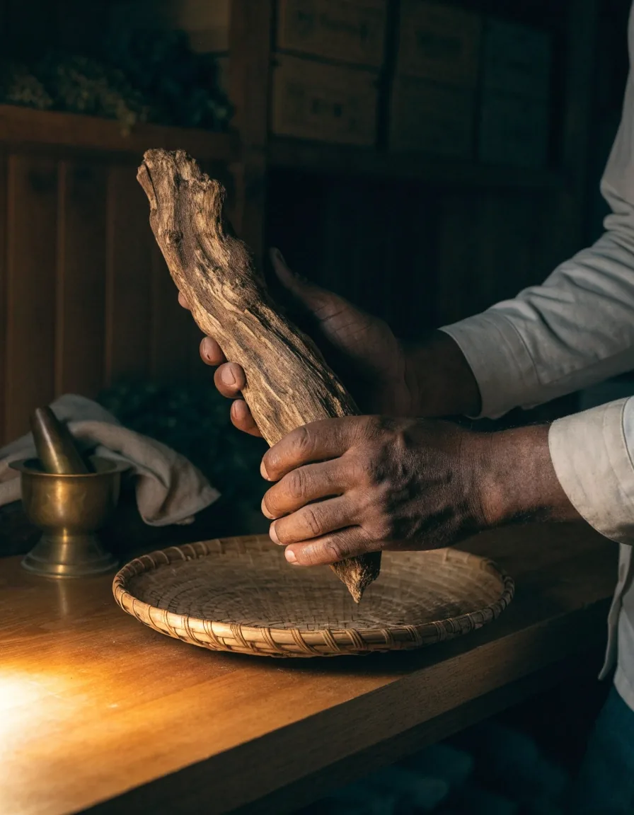 Close view of a sliced dried root resting on coarse linen under a single warm lamp