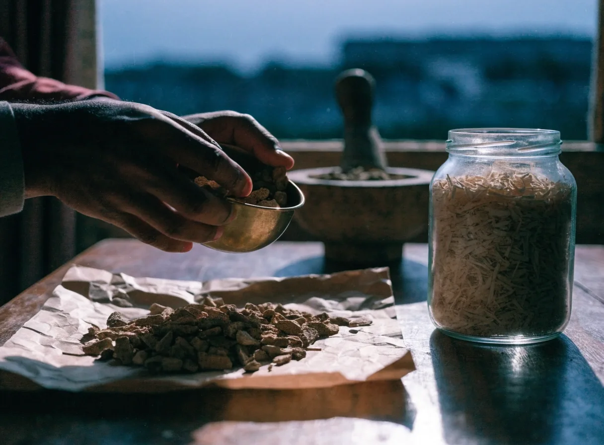 Hands sorting dried root sticks onto brown paper on a dark wooden table
