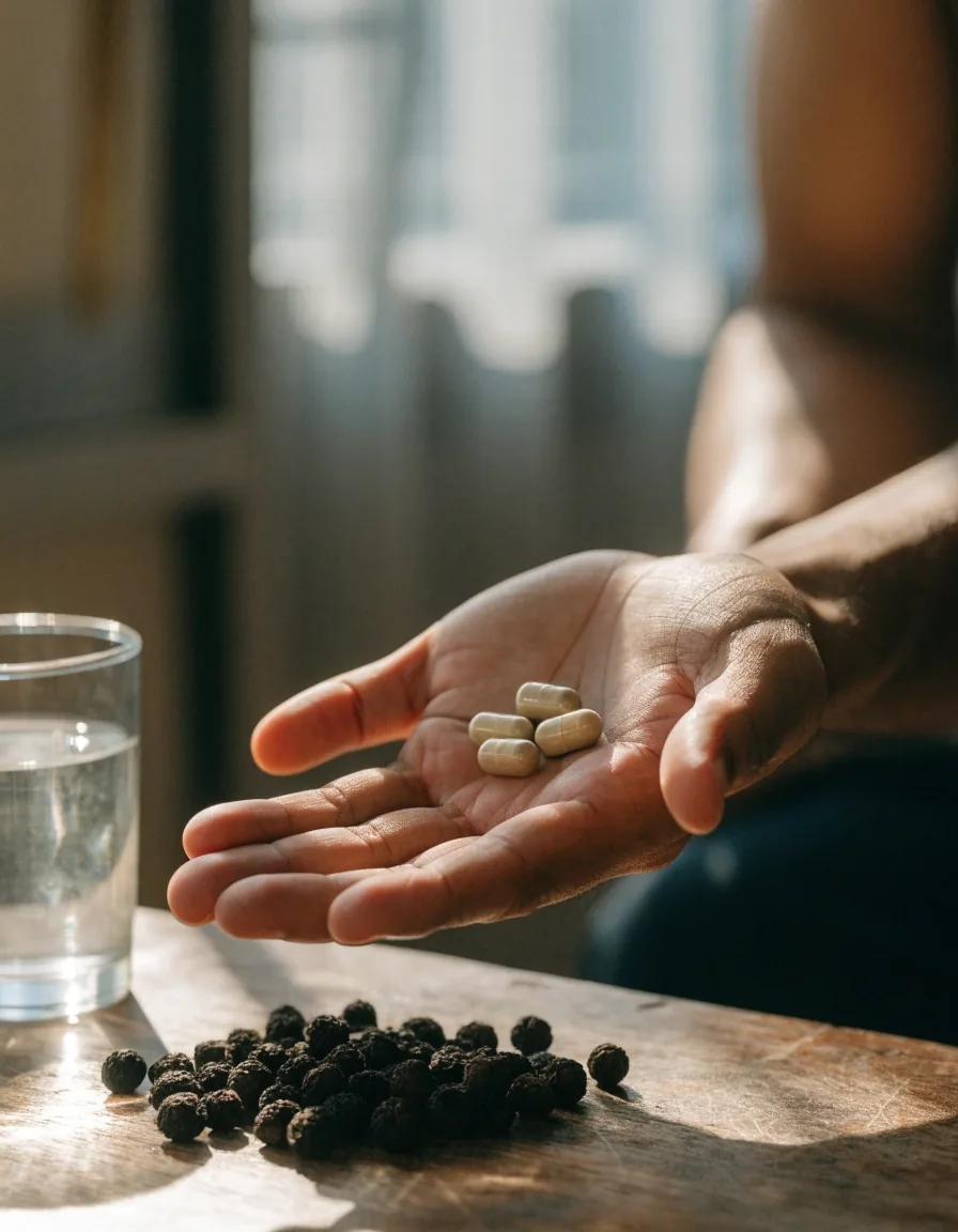 Three plain capsules beside a small heap of dark berries on brown paper