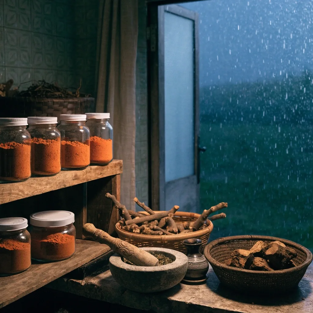 Three open glass dishes of dried botanicals on a dark oak worktable under lamplight