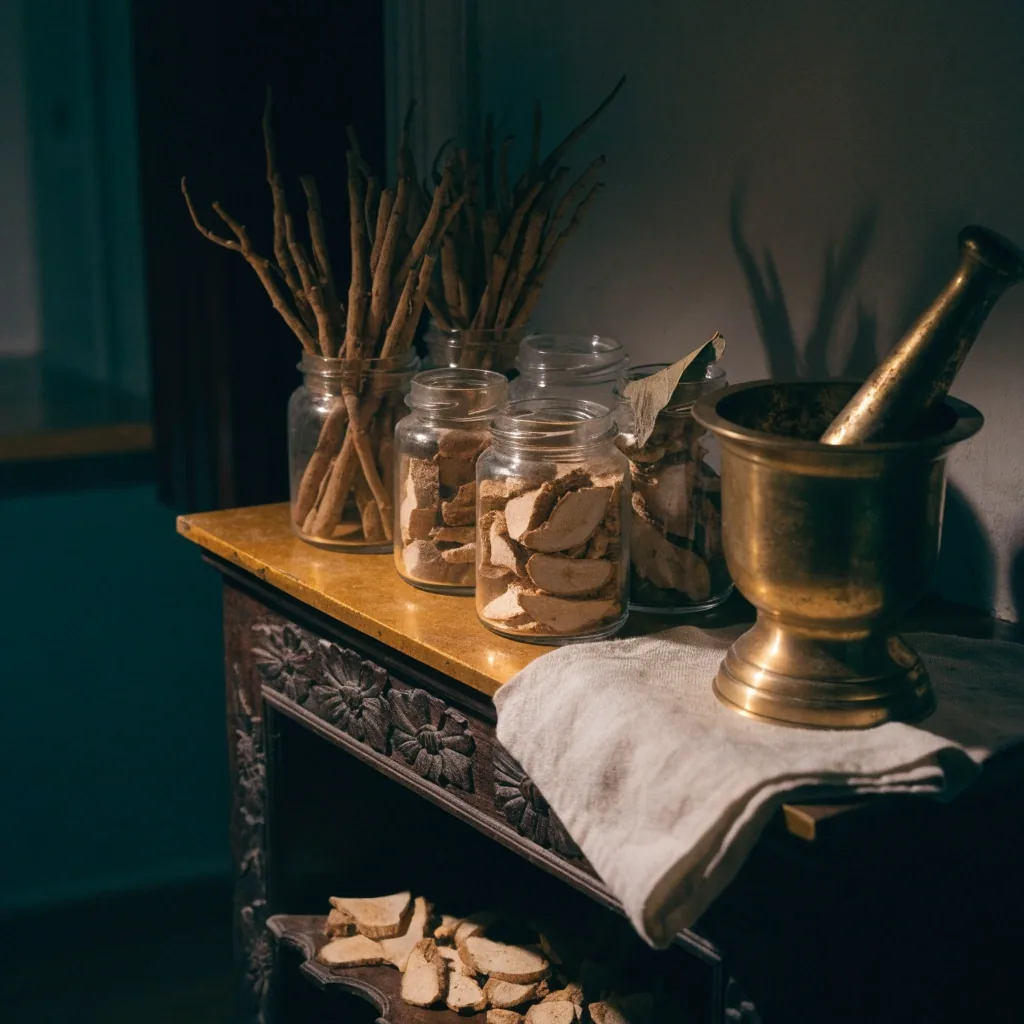 A dark oak bench at night with a brass scale, a blank paper slip and one warm lamp pool along the table