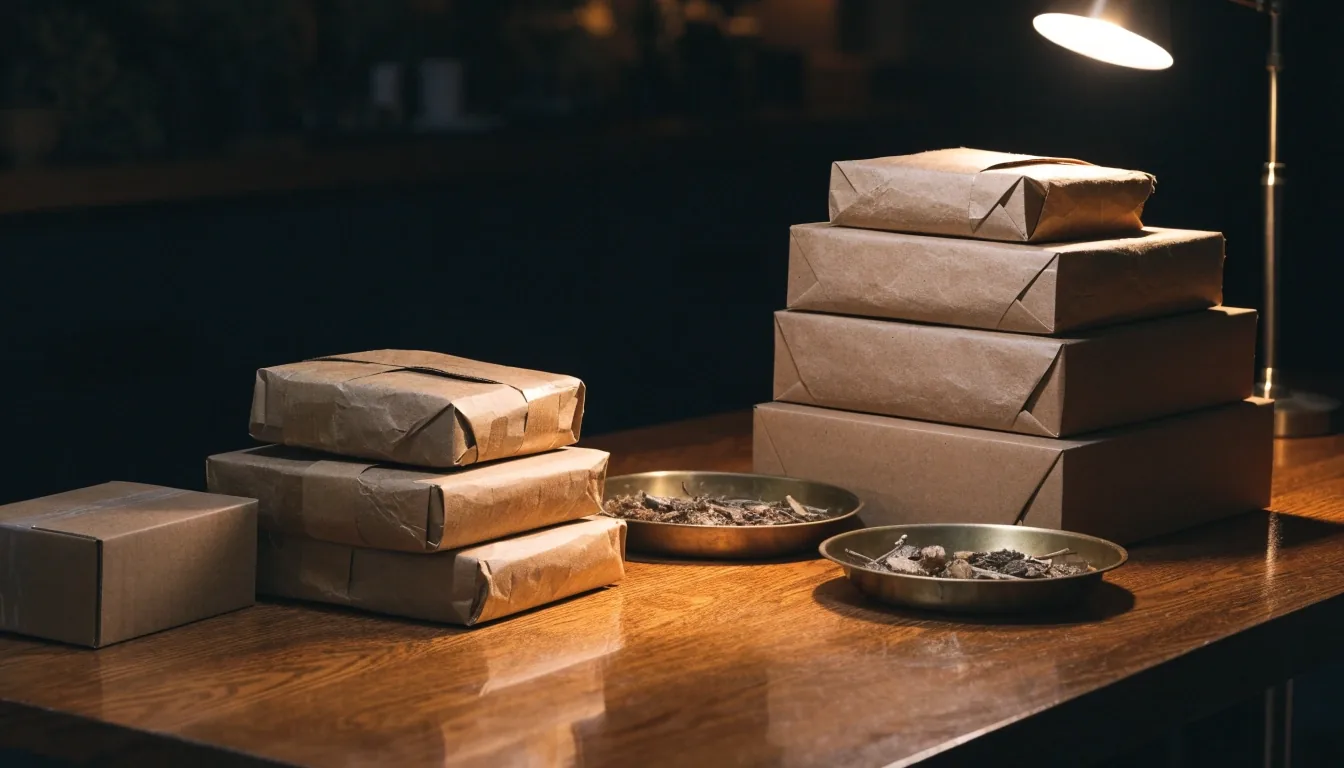 Unopened unbranded parcels and kraft paper on a dark oak table under one warm lamp, with two trays of dried botanicals beside them